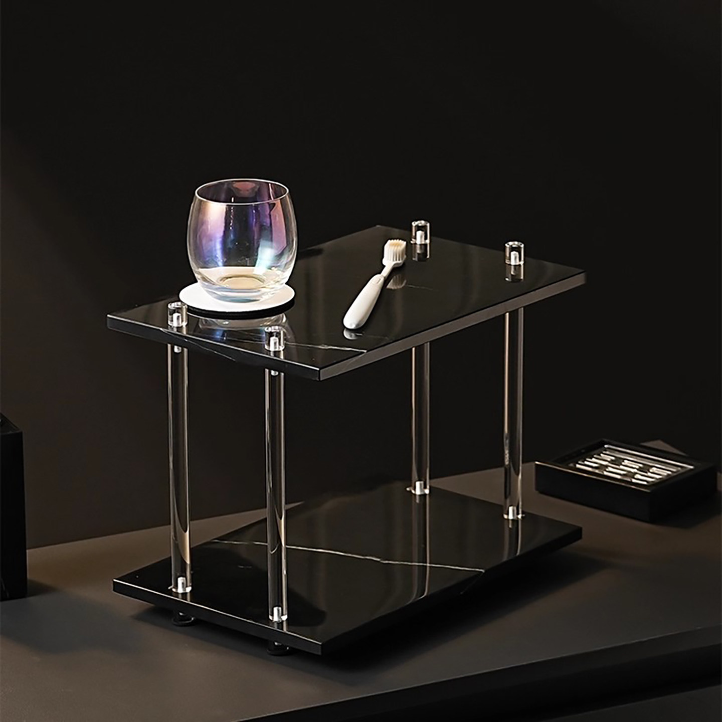 高档卫生间大理石双层置物架家用洗漱台化妆台护肤品收纳漱口杯架