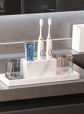 爵士白大理石电动牙刷置物架卫生间轻奢牙刷牙膏架洗漱台收纳托盘