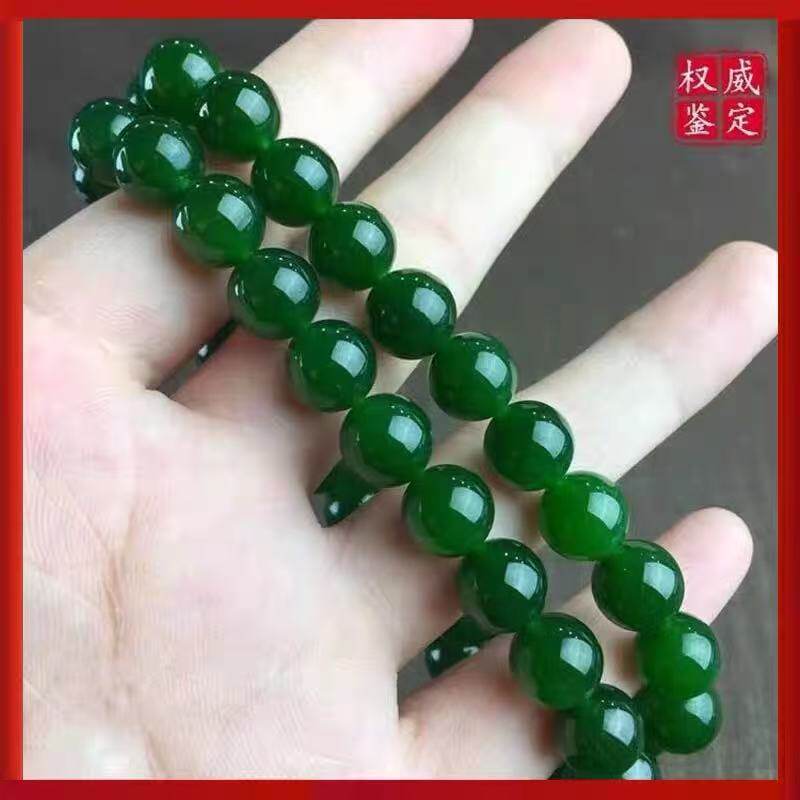 新疆和田玉碧玉项链菠菜绿老料碧玉圆珠挂链女天然正品玉石毛衣链