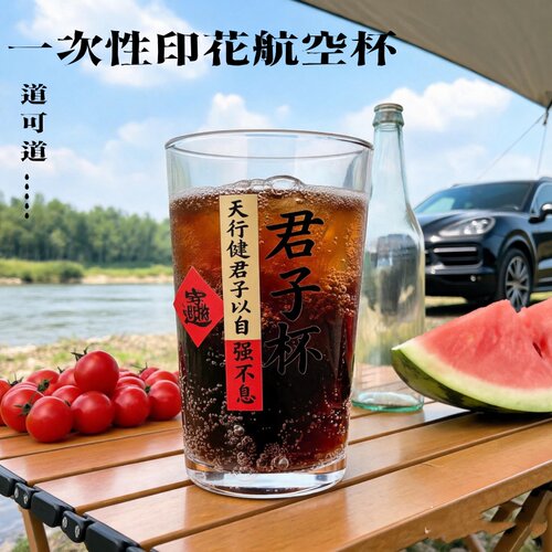100只一次性高端耐高温一次性PP航空杯防摔透明印花家用招待商用