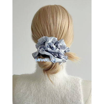 网红MONA同款新色灰蓝银色光泽缎面绣球花大肠发圈气质高级感发饰