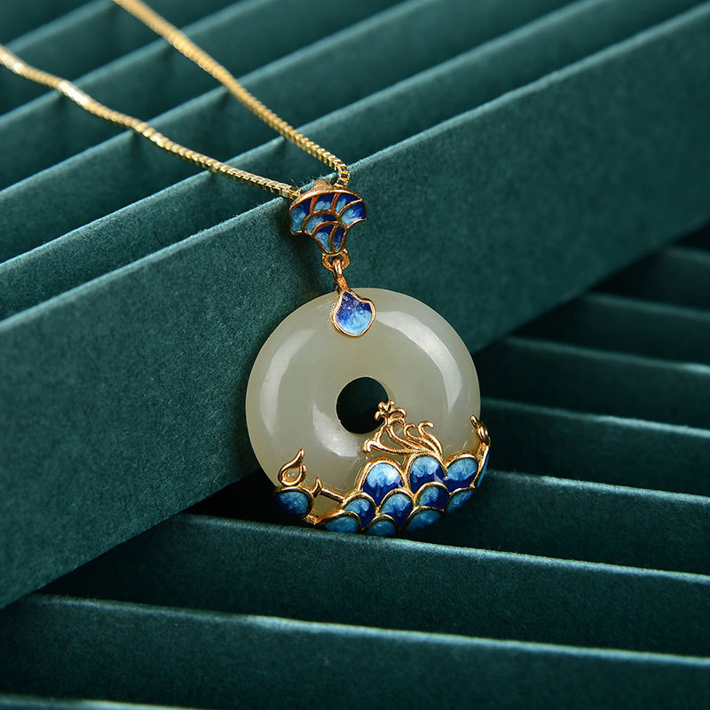 纯银和田玉景泰蓝平安扣女吊坠