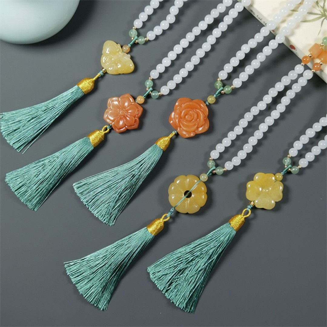 天然新疆金丝玉毛衣链吊坠中式妈妈和田玉戈壁克拉玛依金丝玉颈饰