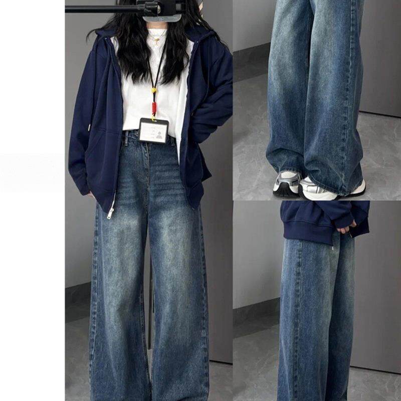 美式复古加绒阔腿牛仔裤女2026年秋冬新款高腰显瘦宽松垂感直筒裤