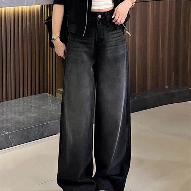 黑色加绒牛仔裤女秋冬大码胖mm梨形身材宽松高腰显瘦直筒阔腿裤子