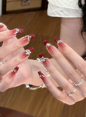 艺人红色法式婚甲手工穿戴甲中长款闪钻高级感2025新年款美甲贴片