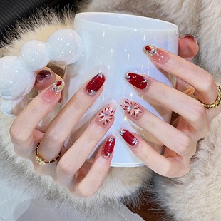 艺人新年红色系烟花猫眼纯手工美甲穿戴甲短款显白招财高级感轻奢