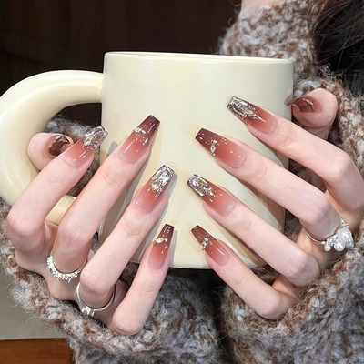 艺人琥珀焦糖秋冬款显白纯手工美甲穿戴甲显白中长款闪钻指甲贴片