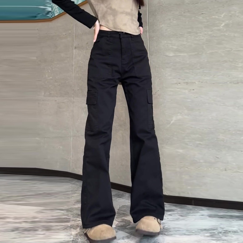 黑色美式工装裤女款2025新款春秋复古高腰显瘦窄版直筒阔腿运动裤