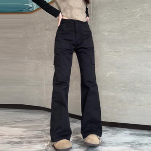 黑色美式工装裤女款2025新款春秋复古高腰显瘦窄版直筒阔腿运动裤