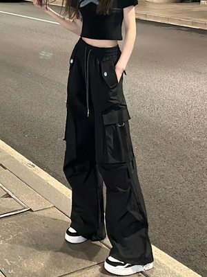 黑色工装裤女款春秋2025新款小个子美式复古速干宽松直筒阔腿裤夏