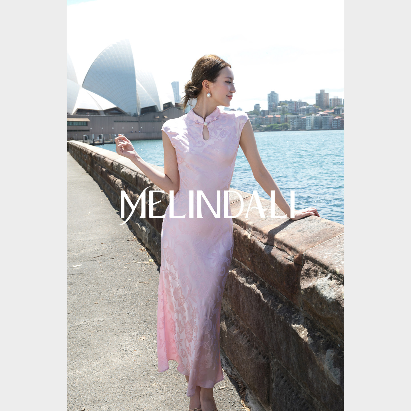 MELINDA LI【木槿美人】新中式26姆米桑蚕丝人丝提花45斜裁粉旗袍