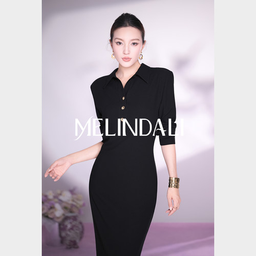 MELINDA LI【绝美智性】复古气质醋纤翻领沙漏收腰长裙连衣裙