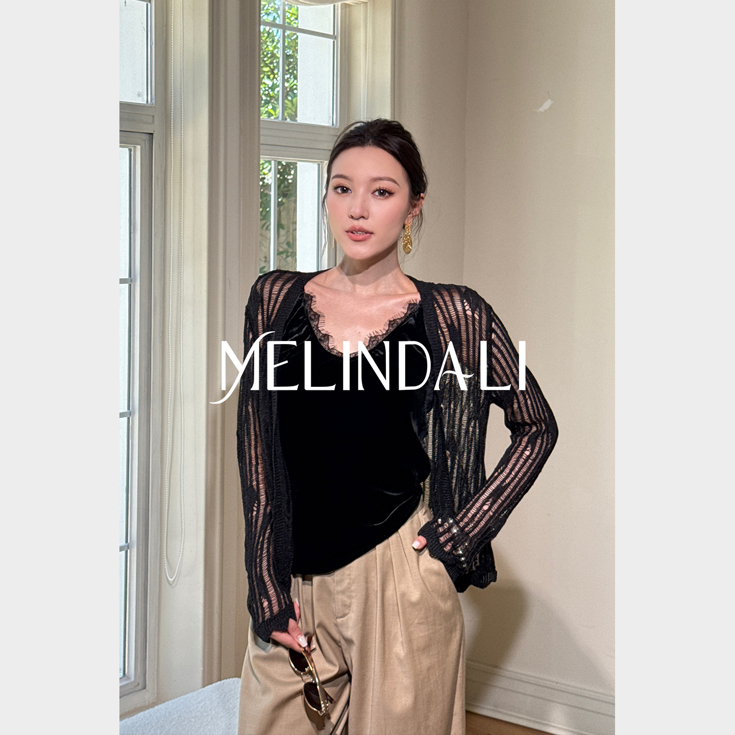 MELINDA LI【夜幕】法式优雅百搭桑蚕丝丝绒斜裁睫毛蕾丝显瘦吊带