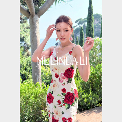 MELINDA LI【西西里女主】18mm桑蚕丝人丝玫瑰印花斜裁吊带连衣裙