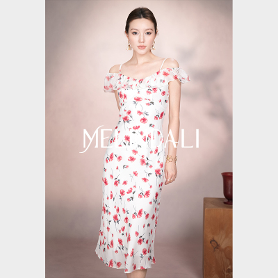 MELINDA LI【玫瑰调】桑蚕丝人丝双绉荷叶边斜裁印花吊带连衣裙