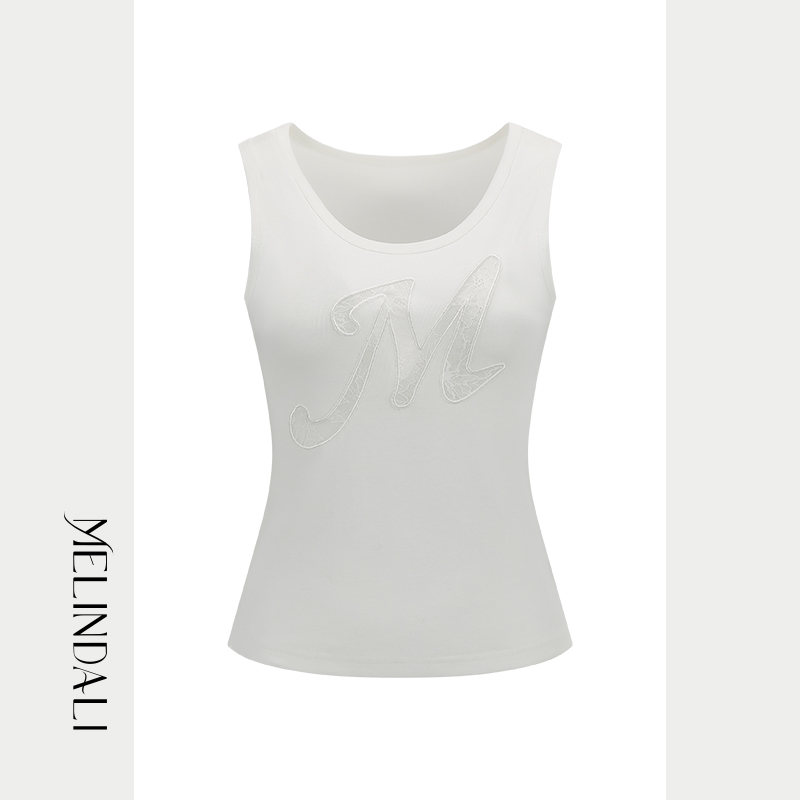 Melinda Li 梦颖私服重工M字母刺绣背心修身显瘦百搭打底无袖吊带