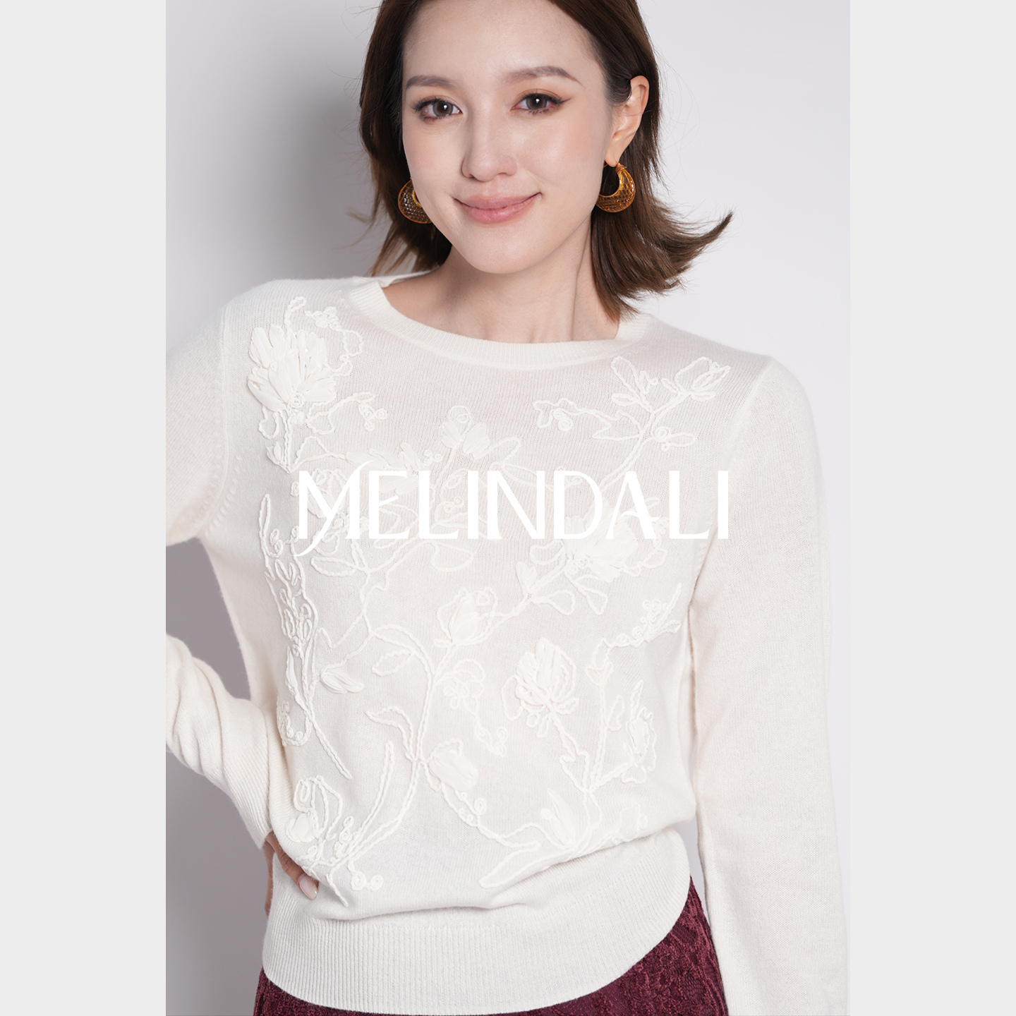 MELINDA LI【贵奢白绒】100山羊绒重工绳绣千金贵气感针织开衫