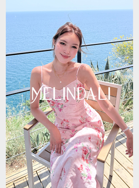 MELINDA LI【滨海花影】天丝亚麻绸繁花粉调收腰吊带连衣裙夏裙子