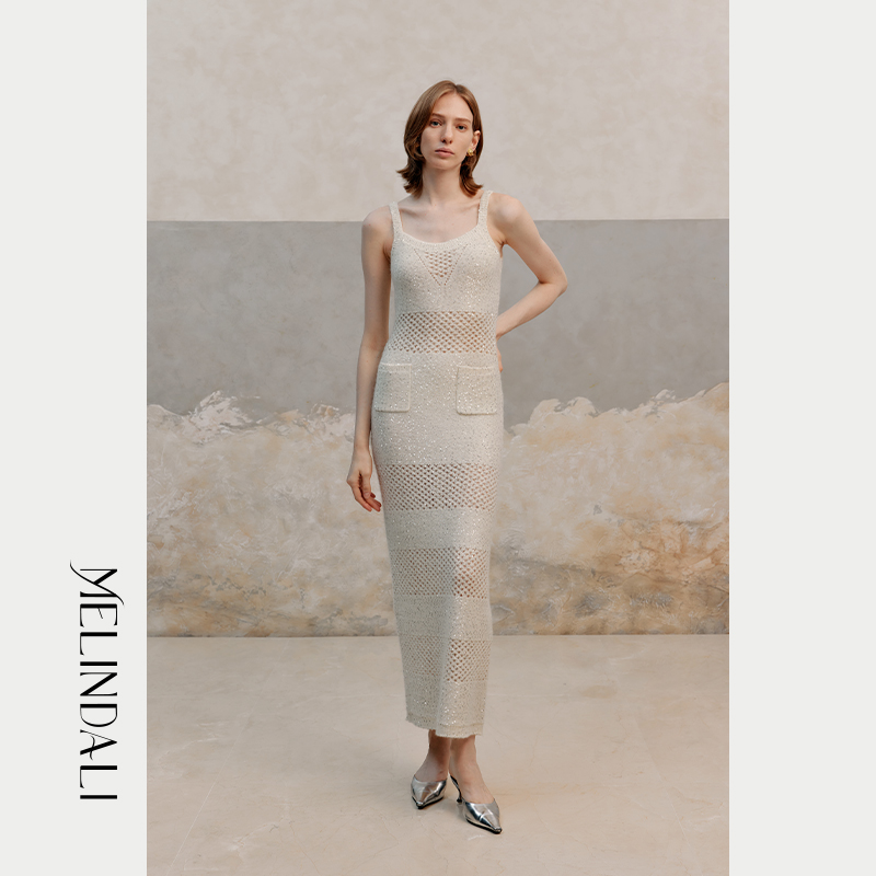 MelindaLi 【粼粼】早秋新品优雅气质针织吊带连衣裙亮片长裙