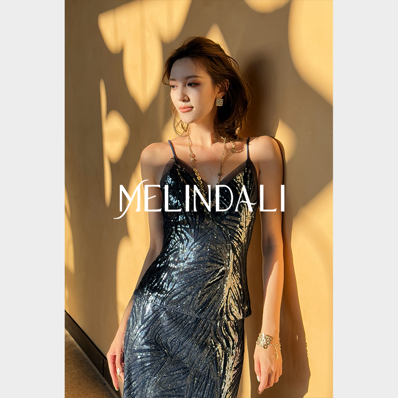MELINDA LI【魅夜幽兰】黑标西班牙进口重工珠片绣吊带半裙套装