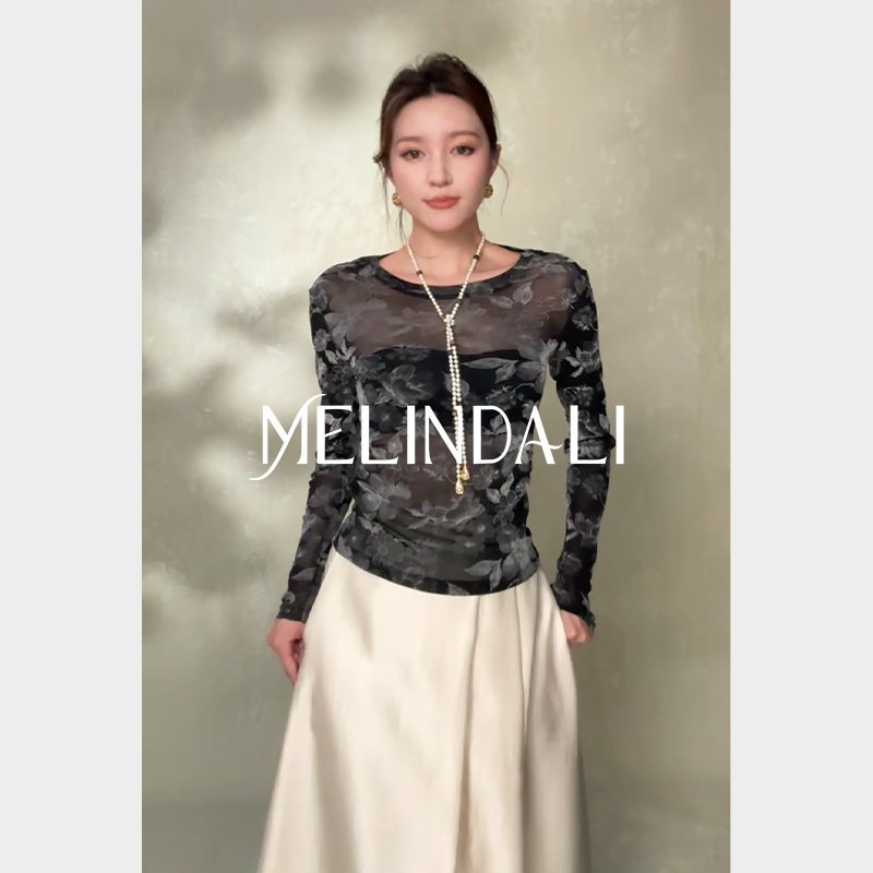 MELINDA LI【花影】法式优雅植绒印花修身显瘦弹力微透网纱上衣