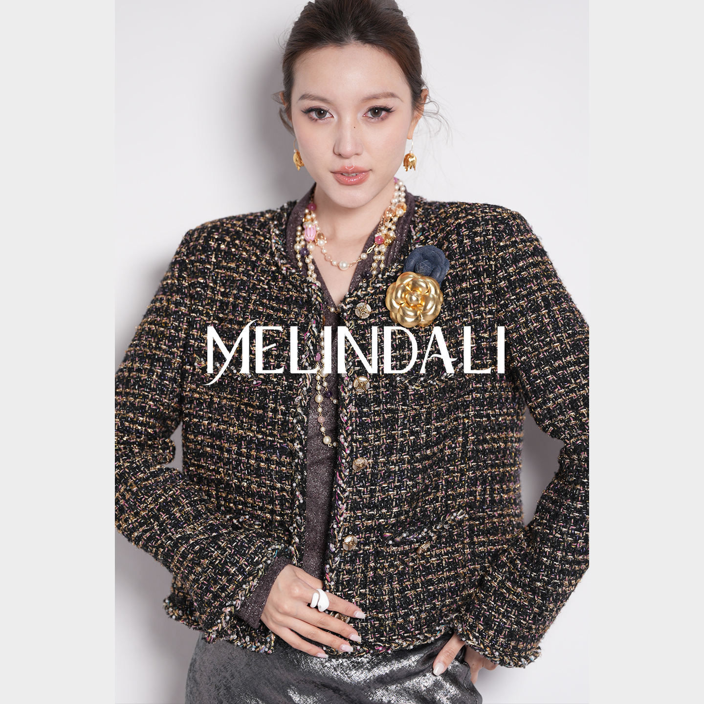 MELINDA LI【斑斓黑金】高级感纯手工织带金葱粗花呢正肩小香外套