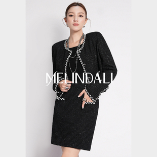 韩国进口银葱花纱手工串珠小香风外套裙 黑银满天星 MELINDA