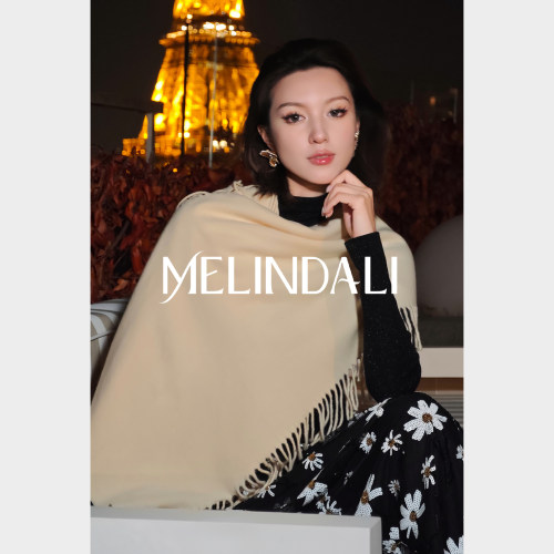 Melinda Li【柔奢14mm】黑标超细100山羊绒双面异色流苏围巾披肩