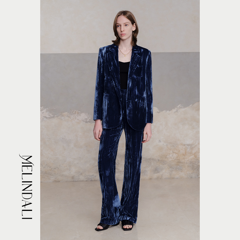 MelindaLi 【海蓝】秋新品复古丝绒套装压绉工艺轻奢廓形西装外套