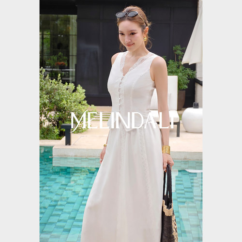 MELINDA LI【日光科莫】莱赛尔蕾丝收腰显瘦马夹大摆A字长半裙套