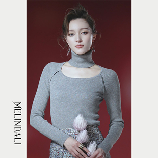 MELINDA LI【月光皎皎】早春设计感金葱纱线针织毛衣上衣带围脖