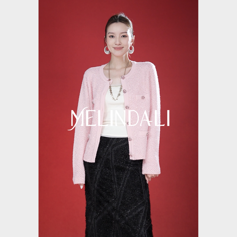MELINDA LI【闪光粉樱】小香风绵羊毛细闪珠片纱打花圆领毛衣开衫