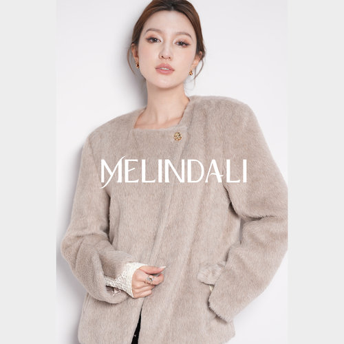 Melindali棕色方领口毛呢外套