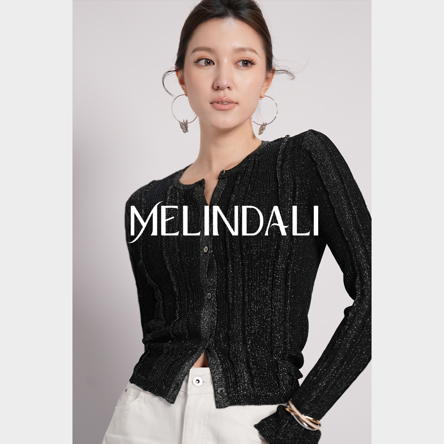 MELINDA LI【星耀肌理】优雅职场黑色细闪圆领坑条长袖针织开衫