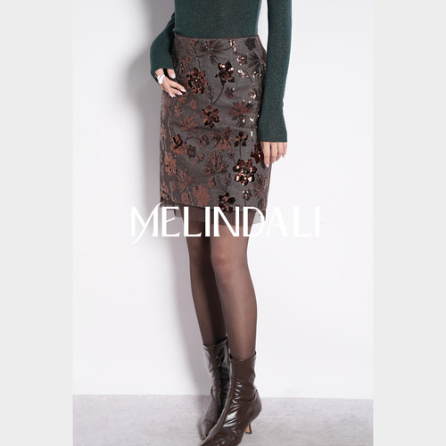 MELINDA LI【火树银花】法式复古珠片刺绣牛仔拼接网纱包臀直筒裙