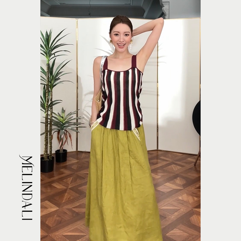 MELINDA LI【朗姆】春夏新款气质竖条纹拼接针织宽松吊带背心