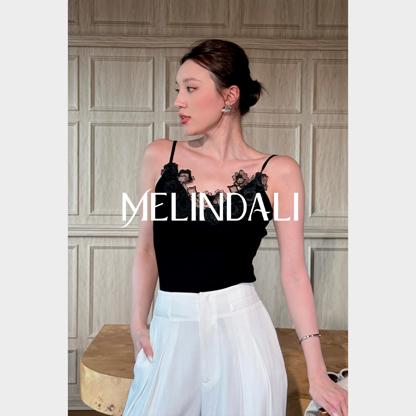 MELINDA LI【姐系蕾丝】天丝醋酸蕾丝花边弹力修身针织百搭吊带