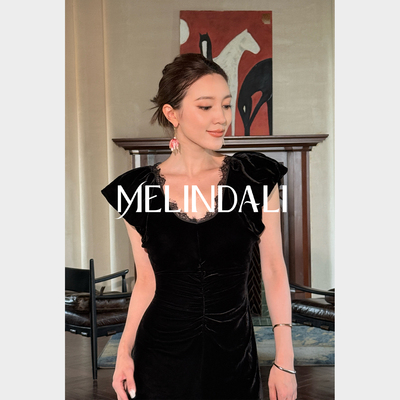 MELINDA LI【古董美人】重磅100真丝丝绒睫毛蕾丝抽褶收腰连衣裙