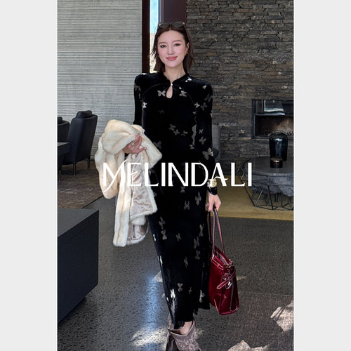 MELINDA LI【东方情致】新中式桑蚕丝丝绒斜裁旗袍秋冬礼服连衣裙