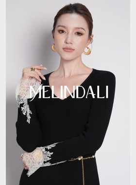 MELINDA LI【月光天鹅】100绵羊毛蕾丝绣花V领肌理感针织上衣半裙