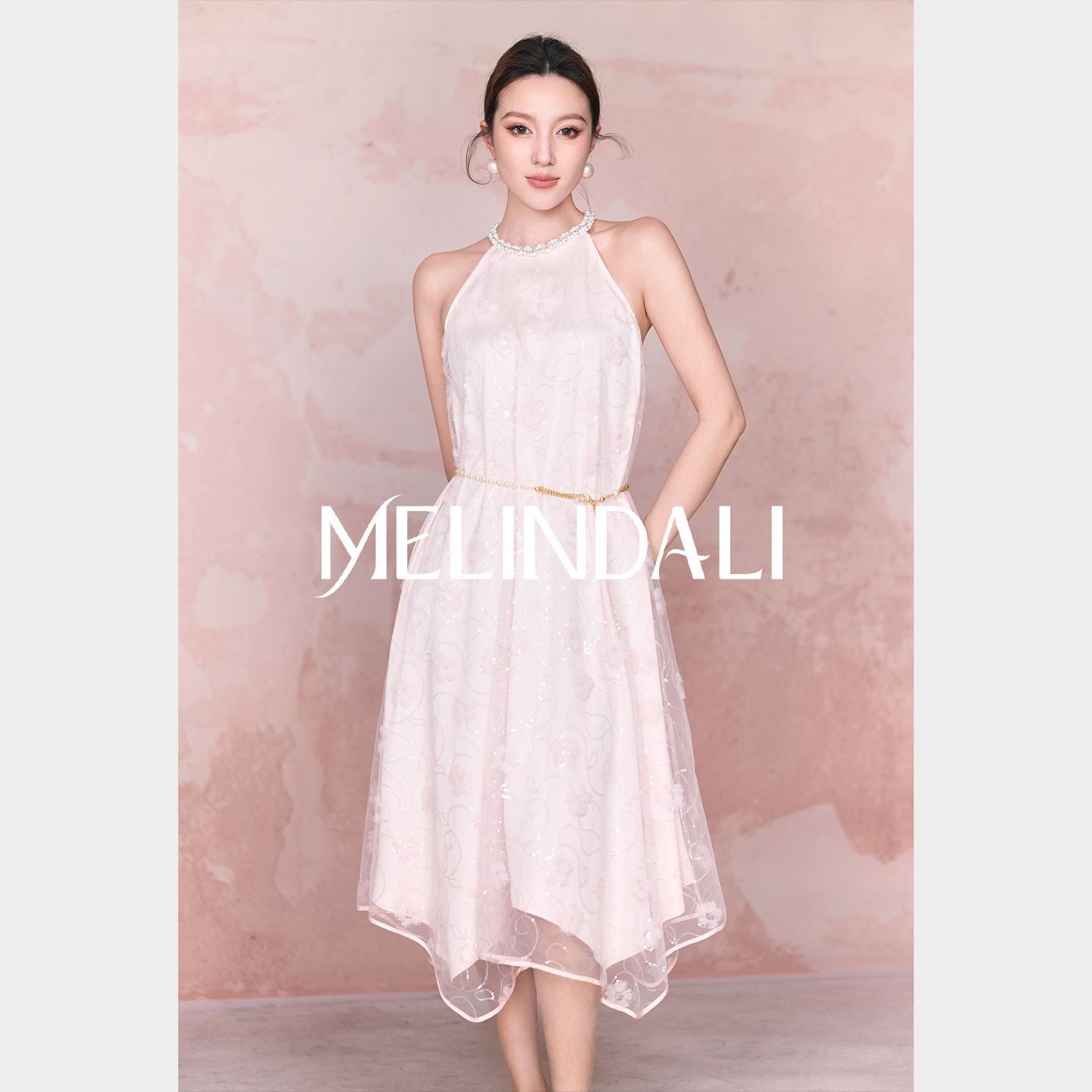 MELINDA LI【人面桃花】重工钉珠织带珠片网纱花绣挂脖腰带连衣裙