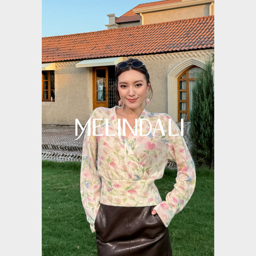 MELINDA LI【莫奈】法式浪漫羊驼毛绵羊毛郁金香玫瑰印花宽松毛衣