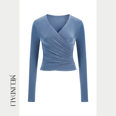Melinda Li【琴瑟】交叉V领不对称抽褶光泽感长袖上衣