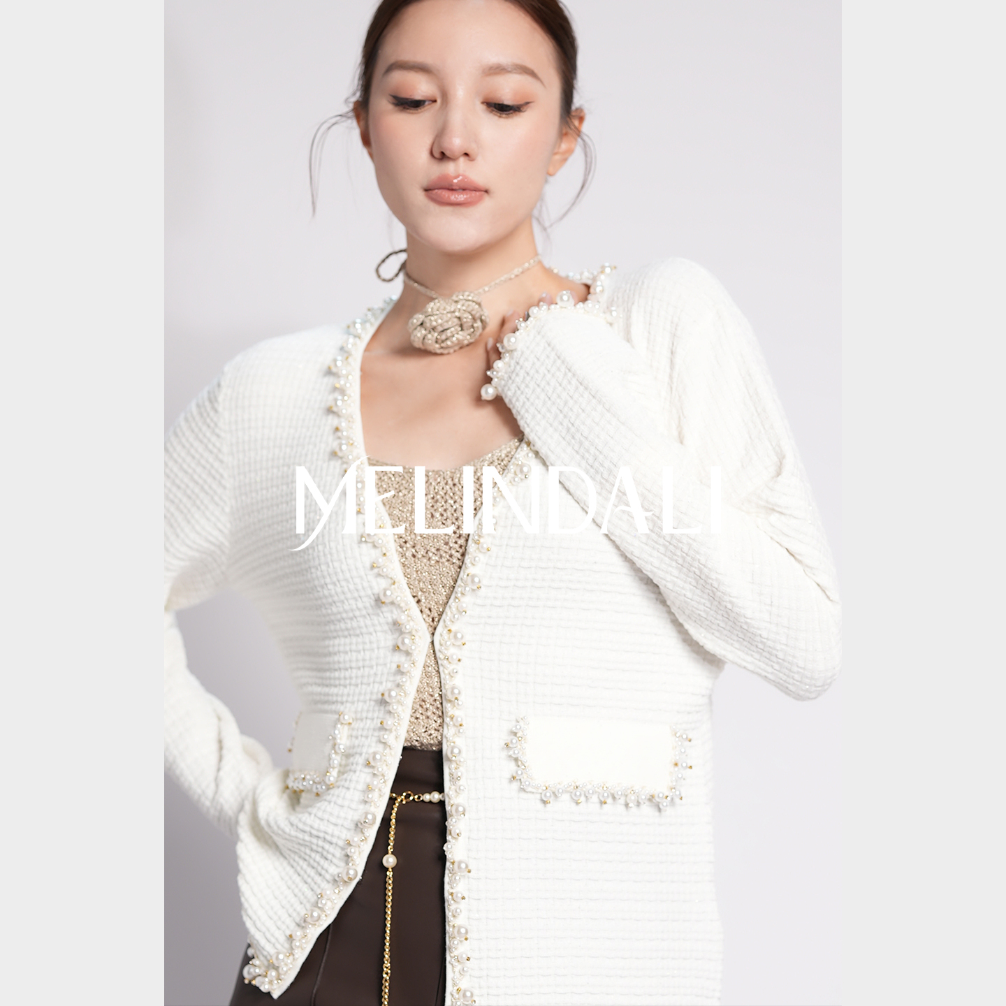 MELINDA LI【珍珠典藏】小香风钉珠镶钻高级感气质V领针织外套