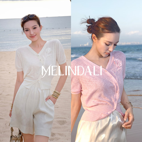 MELINDA LI【岛上花园】法式手工钉珠郁金香刺绣收腰短袖针织上衣
