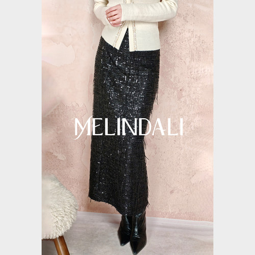MELINDA LI【老钱派对】新年重工黑银珠片流苏直筒高腰长款修身裙