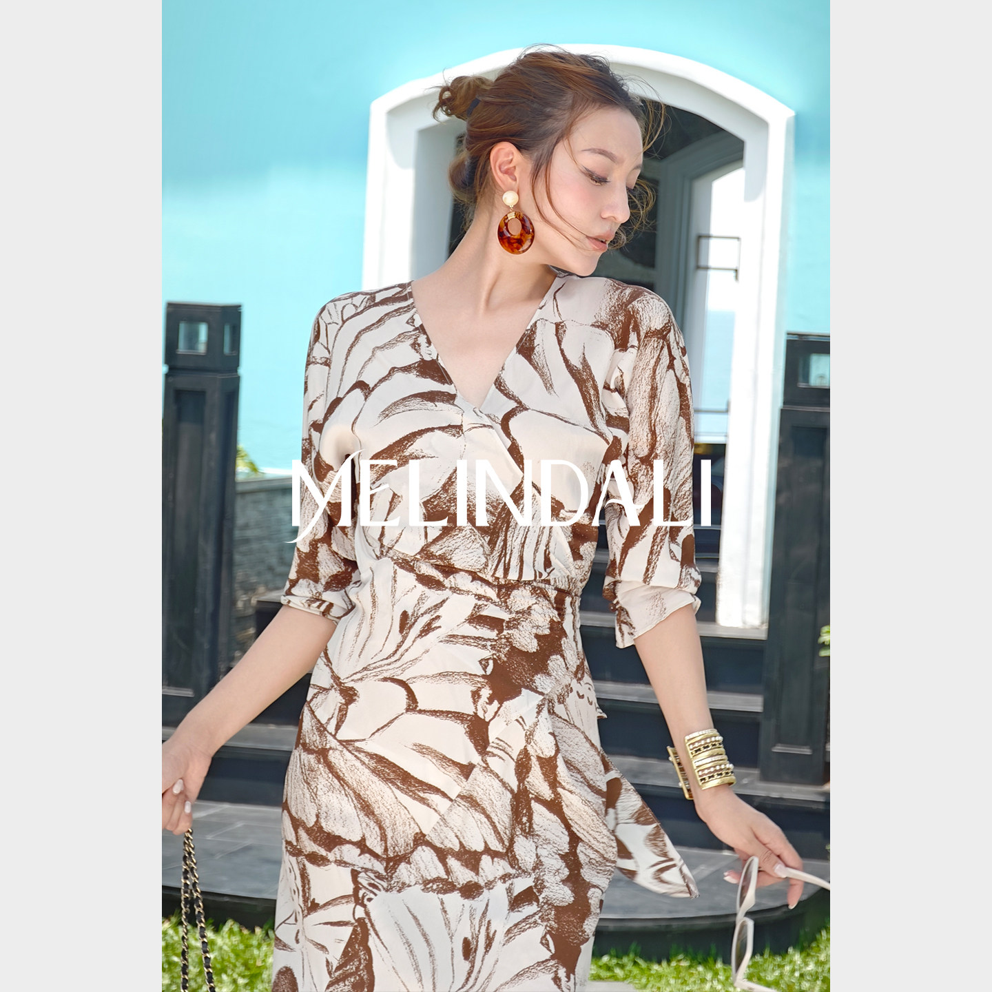 MELINDA LI【笔触蝶舞】重磅18姆米桑蚕丝人丝双绉蝴蝶收腰连衣裙 - 实物图