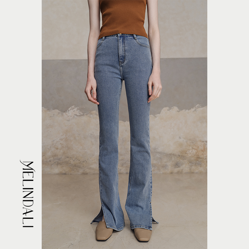 MelindaLi 【雾蓝河畔】秋新品高腰开叉喇叭裤弹力牛仔裤显瘦长裤