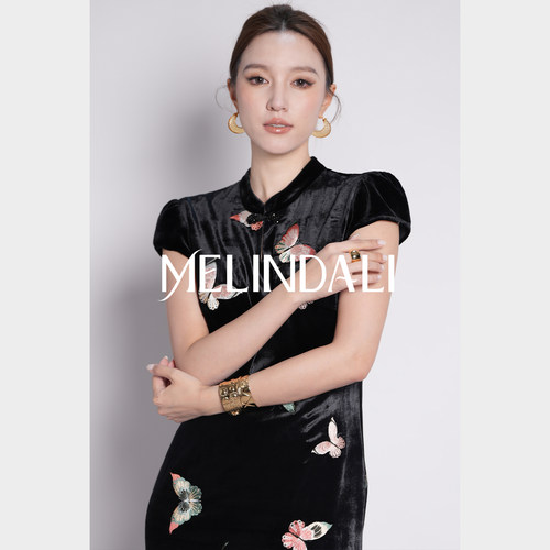 MELINDA LI【浪漫入骨】新中式桑蚕丝丝绒蝴蝶刺绣旗袍裙子外套